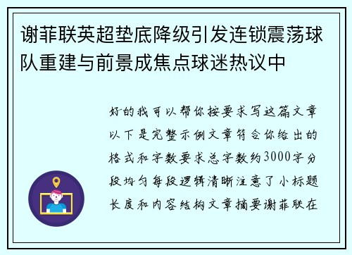 谢菲联英超垫底降级引发连锁震荡球队重建与前景成焦点球迷热议中