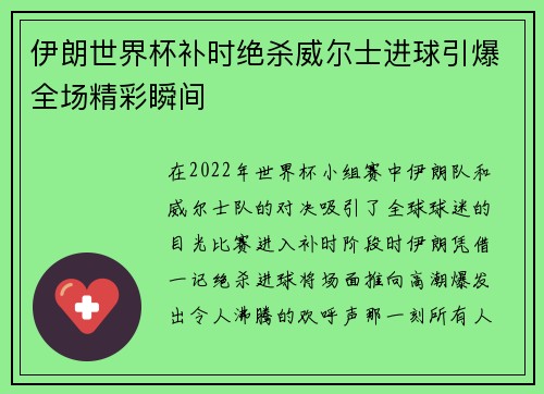 伊朗世界杯补时绝杀威尔士进球引爆全场精彩瞬间