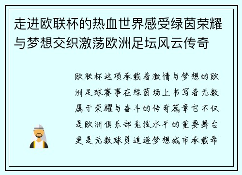走进欧联杯的热血世界感受绿茵荣耀与梦想交织激荡欧洲足坛风云传奇 走进欧联杯的热血世界感受绿茵荣耀与梦想交织激荡欧洲足坛风云传奇